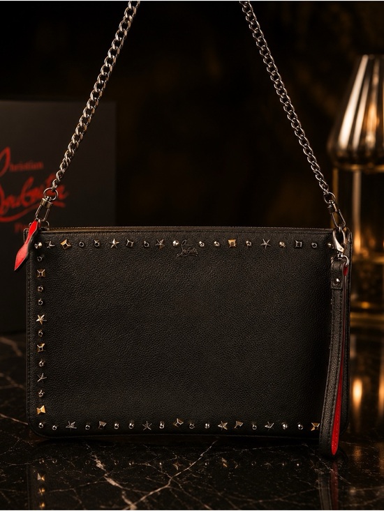 Christian Louboutin Handbags - Christian Louboutin Black Studded Leather Wristlet Clutch Chain Pouch Black Red